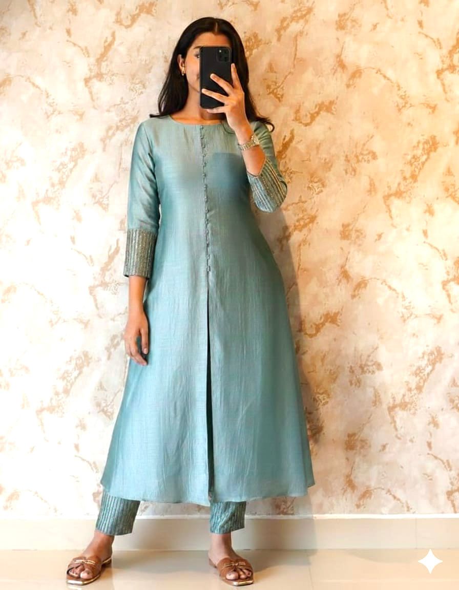 Elegant A-line Kurta Set in Luxurious Blooming Vichitra Silk