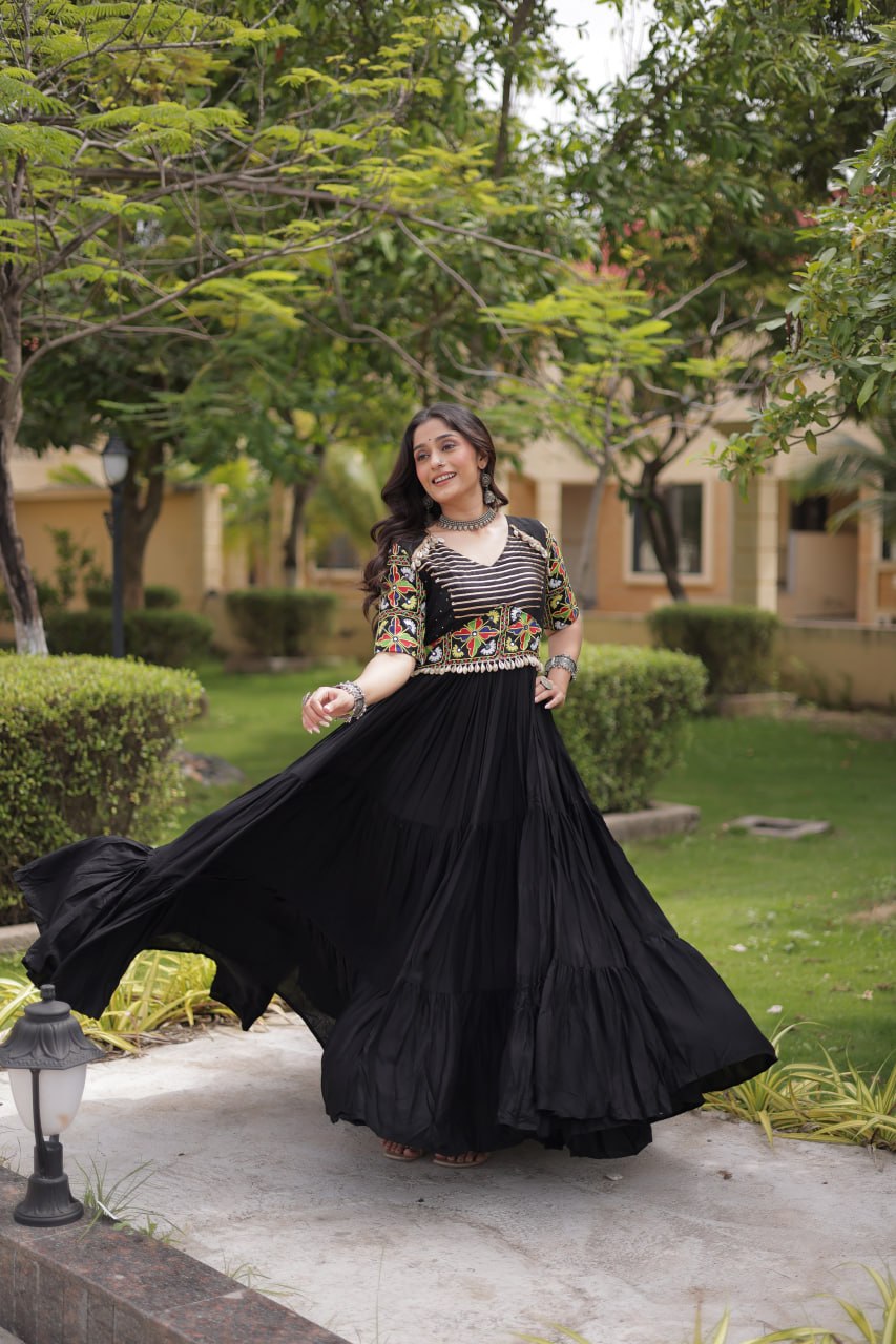 RangBhoomi Navratri Gown 2026 — Rust & Black Embroidered Multi-Tiered Festive Gown
