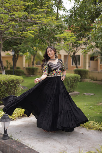 RangBhoomi Navratri Gown 2026 — Rust & Black Embroidered Multi-Tiered Festive Gown