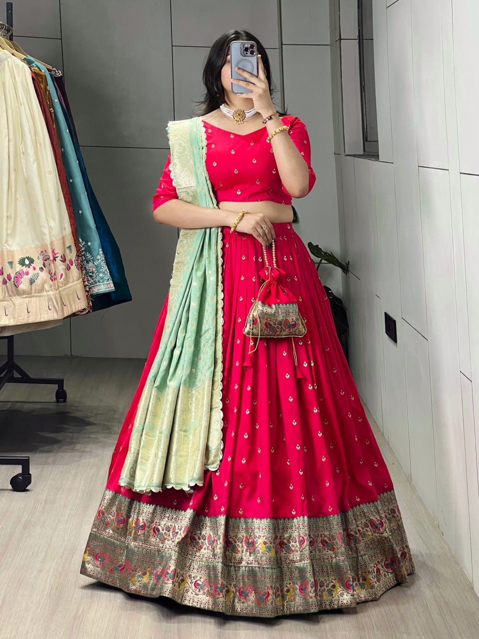 Elegant Paithani Silk Lehenga Choli with Vibrant Colorful Motifs and Iconic Zari Border