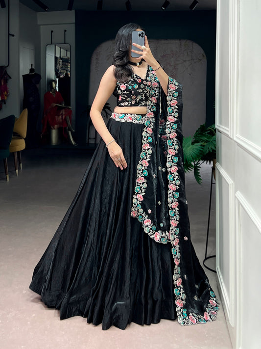 Elegant Black Lehenga Choli Set with Fendi Fabric, Sequins and Thread Embroidery