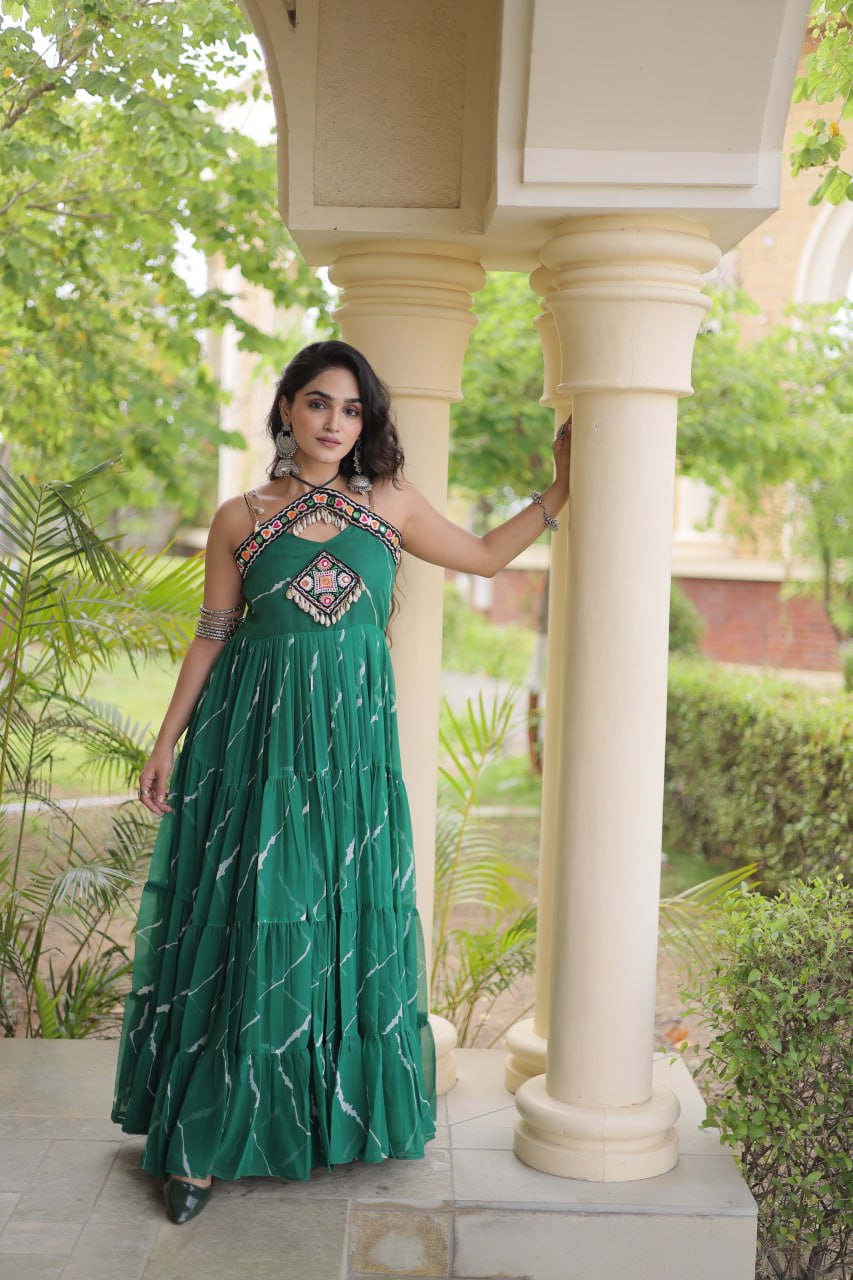 RangBhoomi Navratri Laheriya Patchwork Faux Georgette Gown - Sleeveless 56" Length, L (Adjustable 38-44)