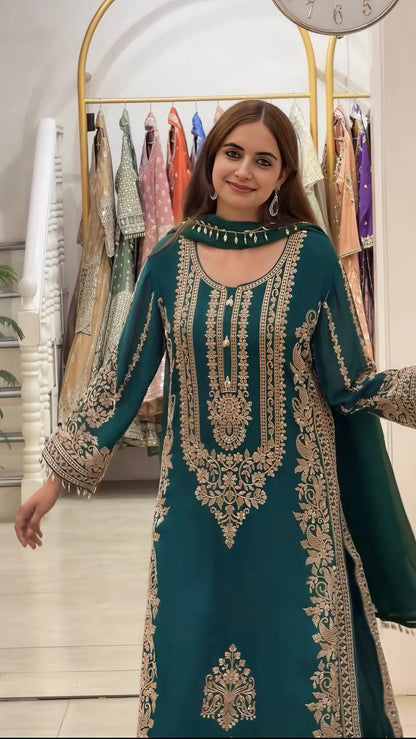 RangBhoomi Faux Georgette Heavy Embroidery Sequins Top-Bottom with Dupatta — Fully Stitched Set