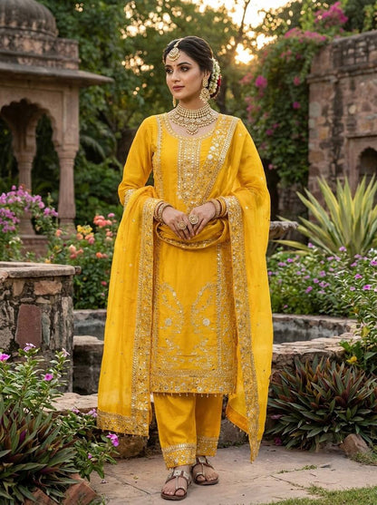 Elegant Designer Ready-to-Wear GMY Silk Three-Piece Set with Heavy Embroidery, Sequins, and Lace Border – Fully Stitched Top, Palazzo, and Dupatta