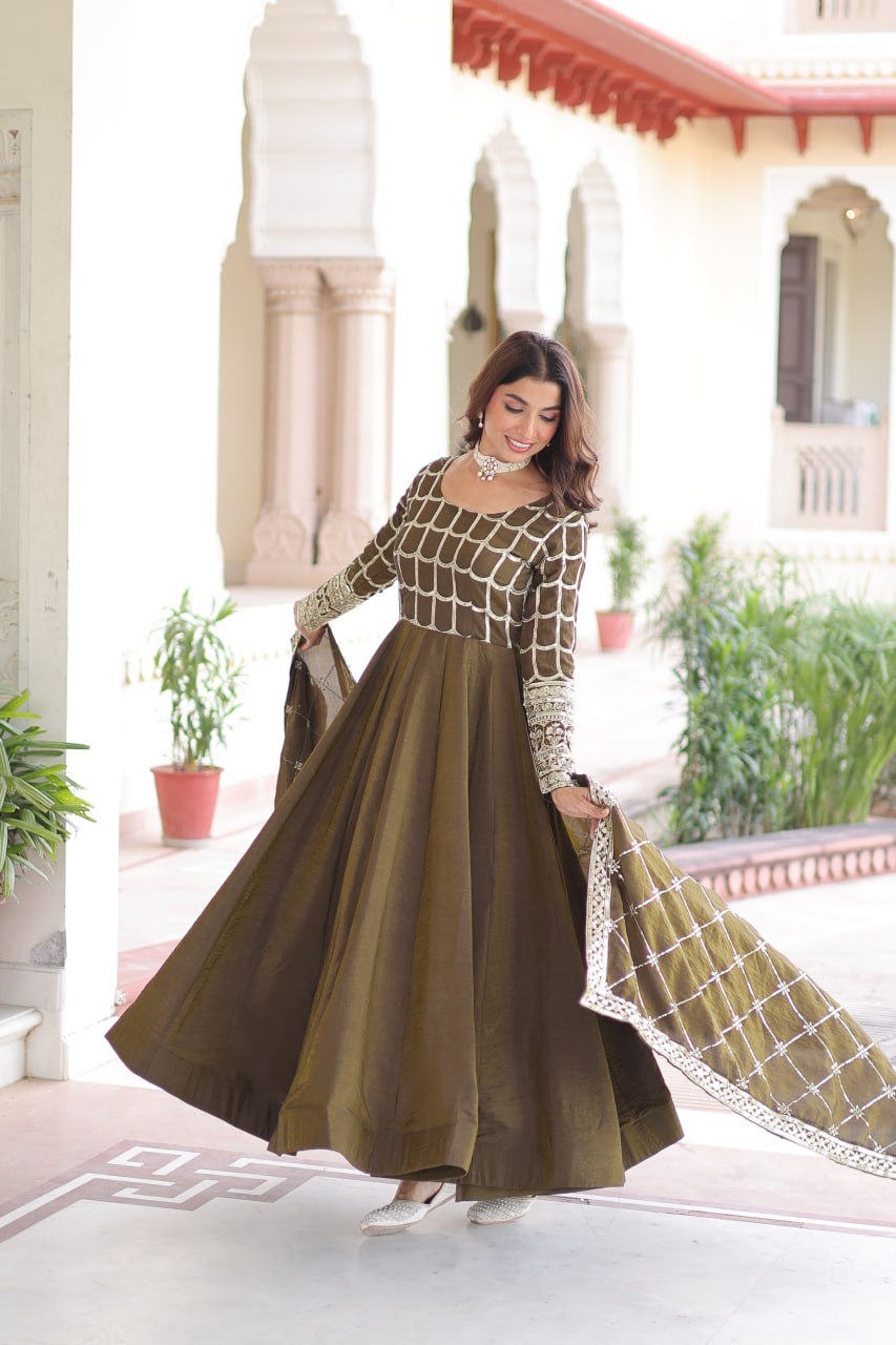 RangBhoomi Premium Ready-to-Wear Embroidered Gown and Dupatta Set