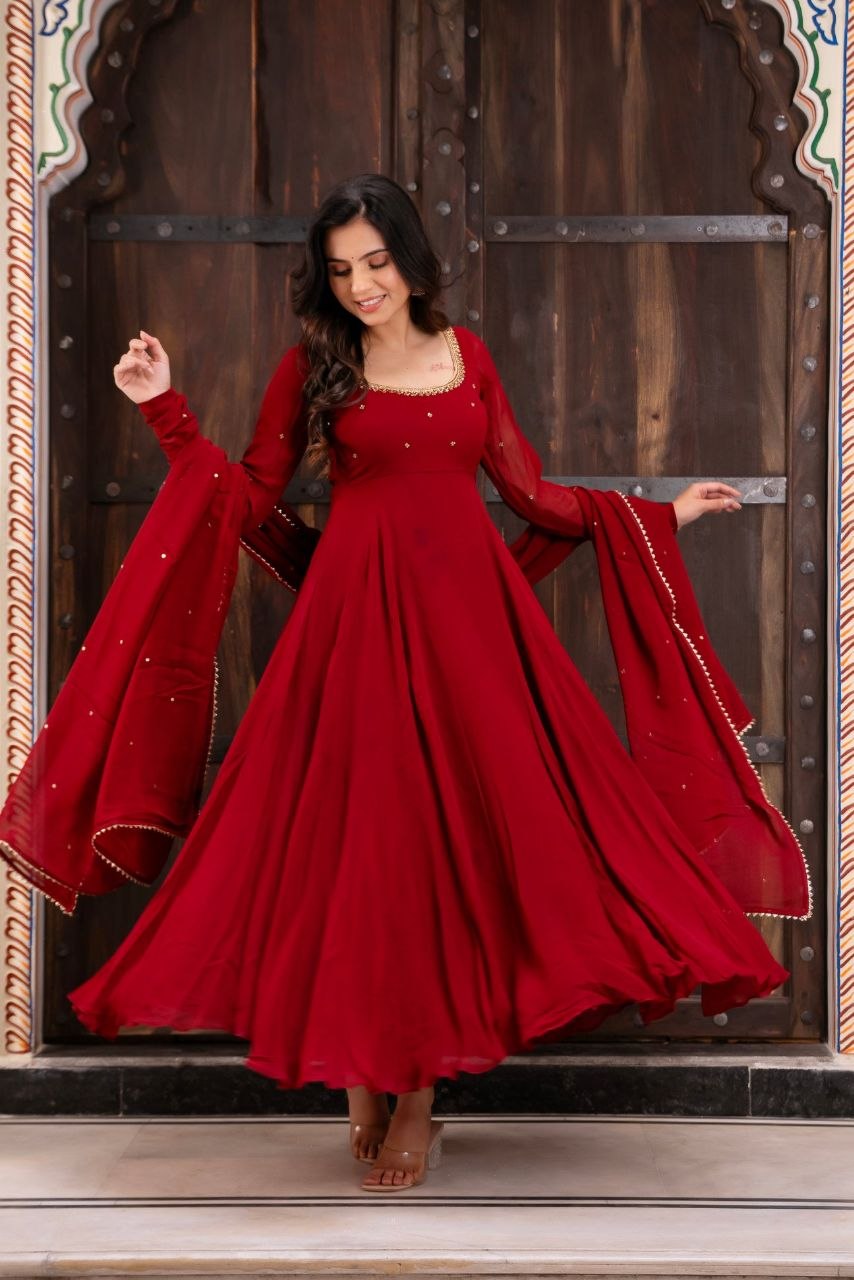 RangBhoomi EHSAAS Georgette Handwork Anarkali Suit Set — Flared Anarkali with Dupatta & Plazzo