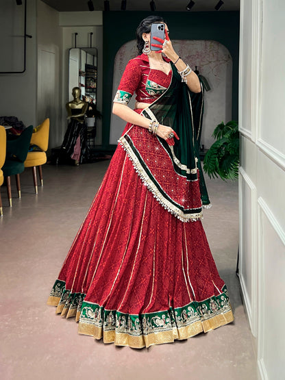 RangBhoomi Navratri 2026 Georgette Bandhej Foil Print Lehenga Set with Mirror Lace Dupatta