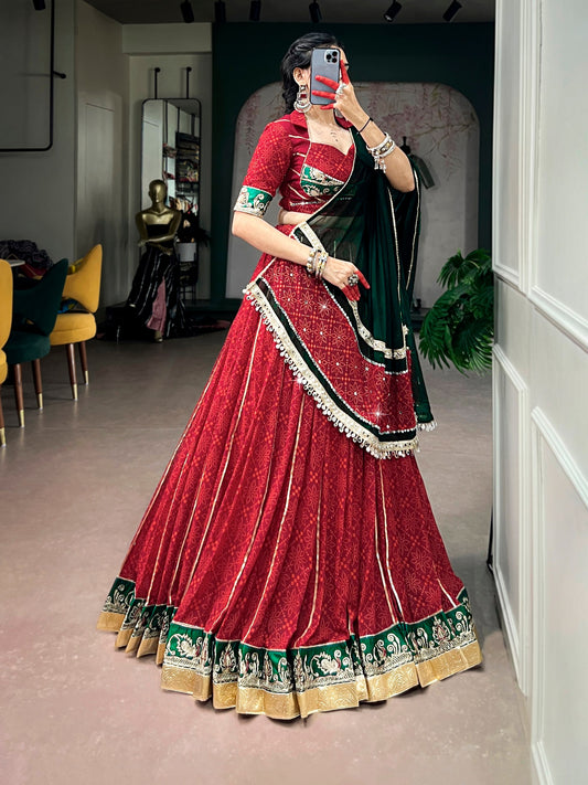 RangBhoomi Navratri 2026 Georgette Bandhej Foil Print Lehenga Set with Mirror Lace Dupatta