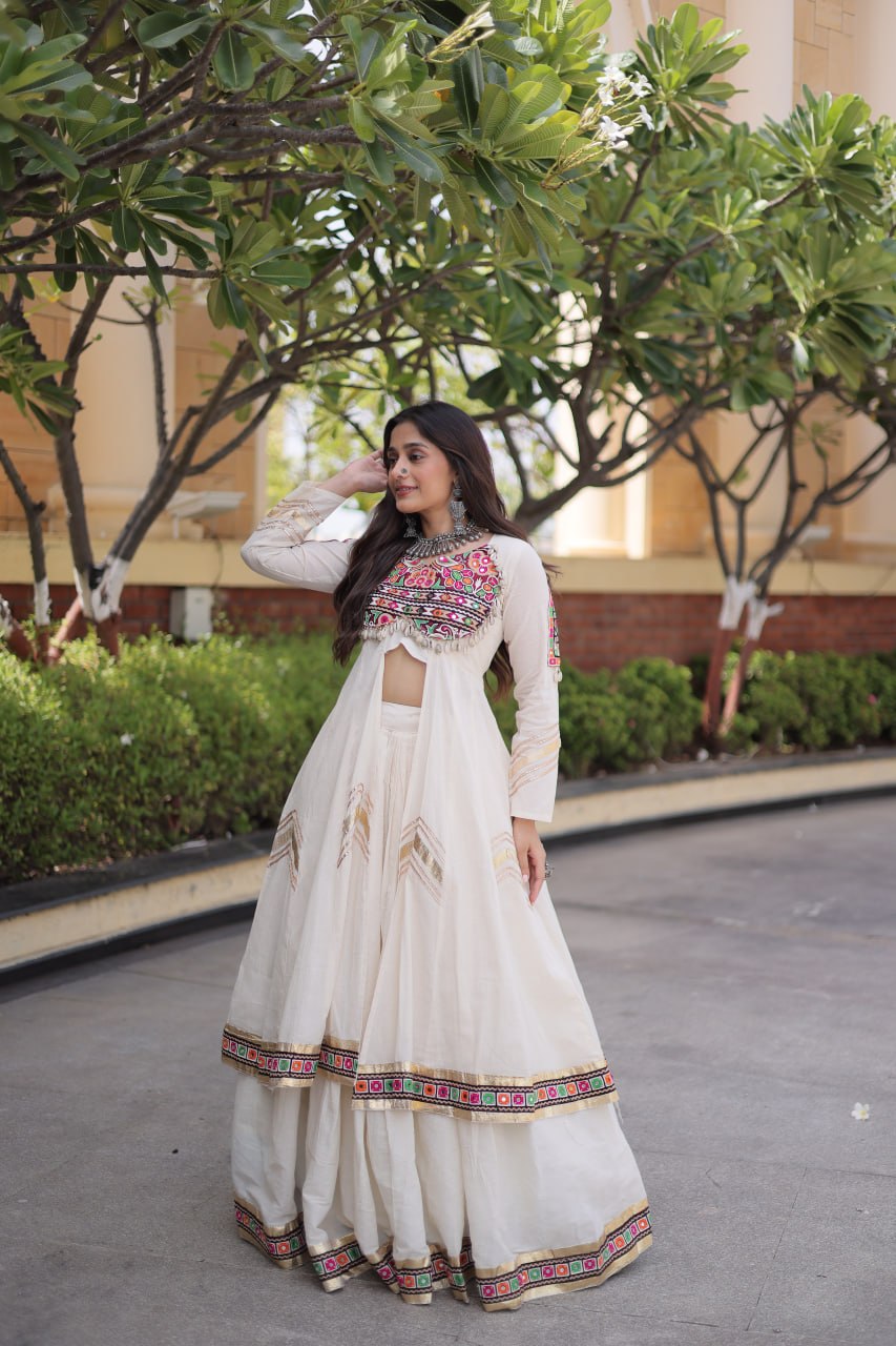 RangBhoomi Feather-Light Jacket Lehenga Set – Lotus Handwork, Long Jacket Ready-to-Wear