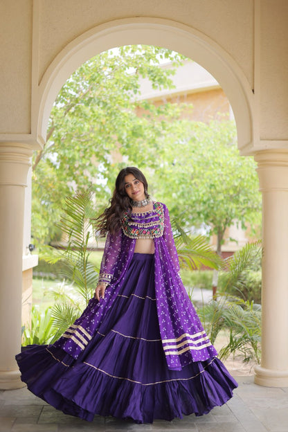 RangBhoomi Navratri 2026 Lehenga & Kurti Set – Kora Cotton Lehenga with Bandhni Faux Georgette Kurti (L, 40" Stitched)