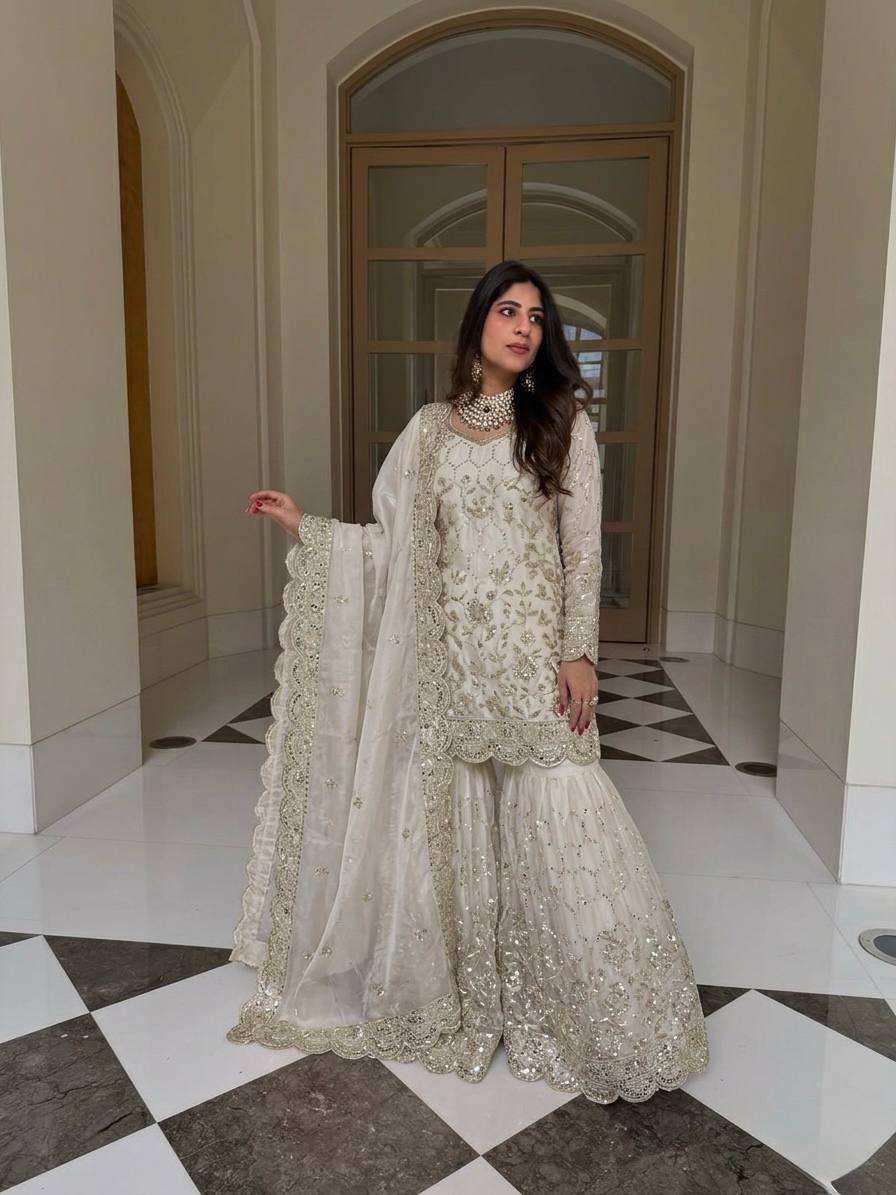 Elegant Sharara Set in Luxurious Heavy GMY Silk with Intricate Mirror and Sequins Embroidery – Top, Bottom, and Dupatta Ready to Wear by RangBhoomi