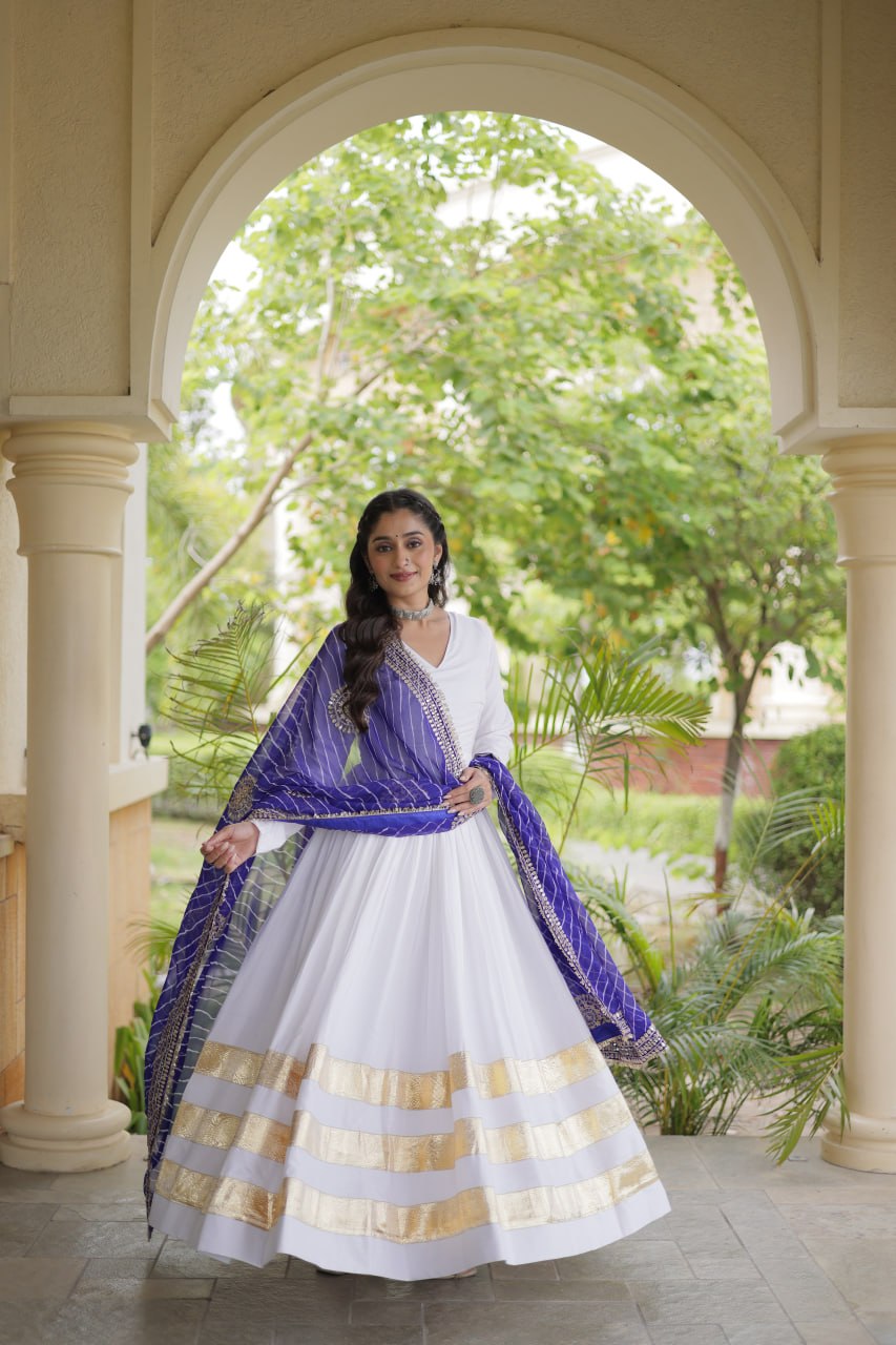 RangBhoomi Navratri Gown & Dupatta Collection 2026 – Full-Sleeve V-Neck Reyon Gown with Georgette Dupatta
