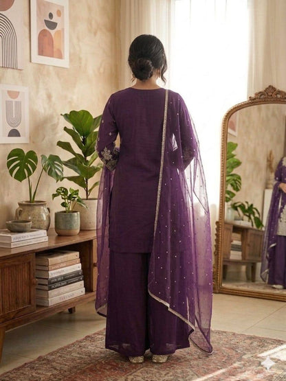 Luxury Fusion Style Designer Ensemble – Elegant Roman Silk Set with Embroidery, Sequins & Nazmeen Dupatta