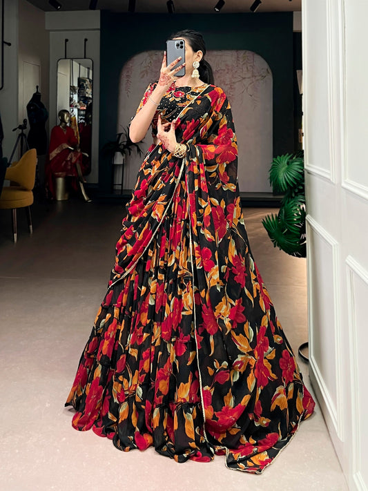 Elegant Floral Marble Print Lehenga Choli Set with Handwork and Lace Border Dupatta