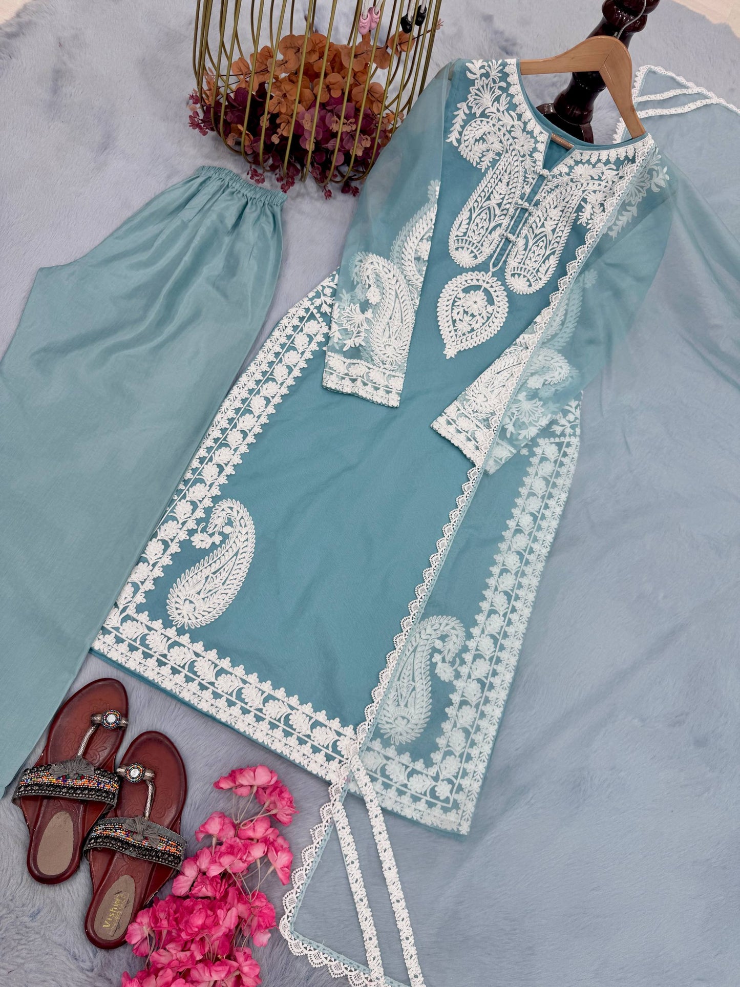 Elegant Designer Party Wear Set with Pure Soft Nylon Organza Silk Top, Palazzo Pants & Dupatta