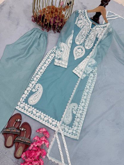 Elegant Designer Party Wear Set with Pure Soft Nylon Organza Silk Top, Palazzo Pants & Dupatta