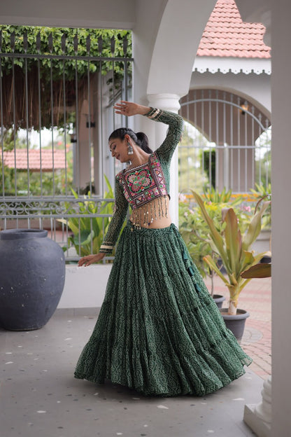 RangBhoomi Bandhni Faux Georgette Full-Stitched Lehenga Set with Designer Square Neck Blouse