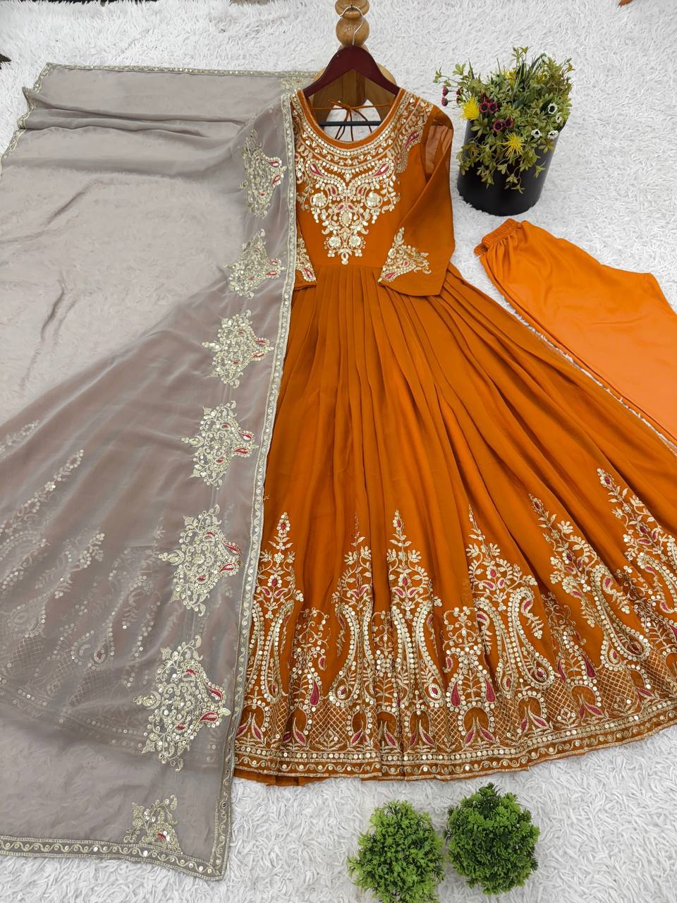 RangBhoomi Heavy Designer Party Wear Gown with Dupatta — Full-Sleeve Embroidered Georgette