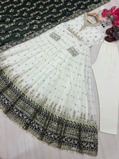 Elegant Party Wear Heavy Faux Georgette Gown with Embroidered Dupatta and Bottom Set