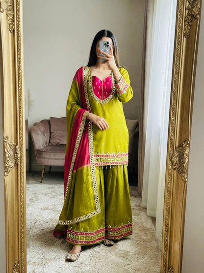 RangBhoomi Roman Glass Mirror-Work Ethnic Set — Fully Stitched Kurta, Palazzo & Kota Dupatta