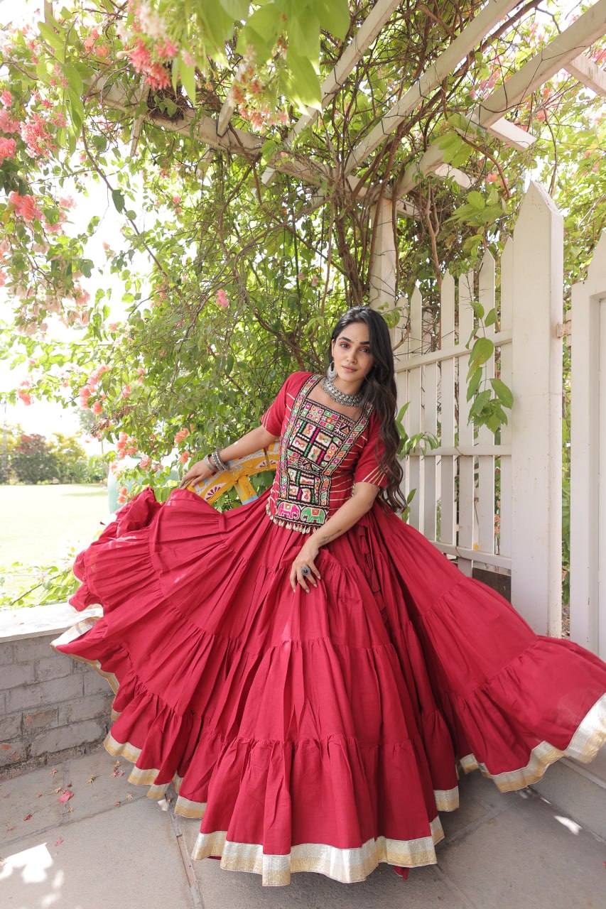 RangBhoomi Navratri 2026 Kora Cotton Full-Stitched Lehenga & Blouse Set — L (40", Adjustable 38–44)