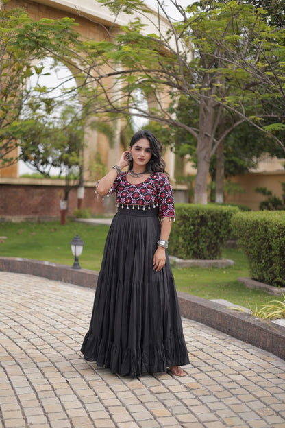 RangBhoomi Navratri Embroidered Kora Cotton Gown — 54" Length, Half Sleeve (Maroon / Black)