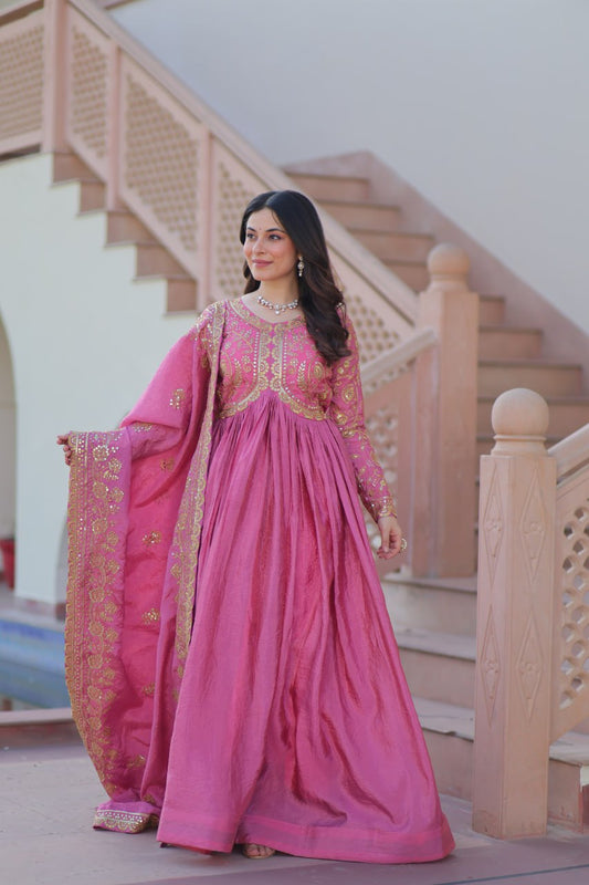 Trending Gold Gown: Crush Fabric, Embroidered Dupatta