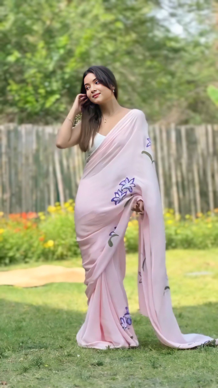 Light pink floral ready-to-wear saree.