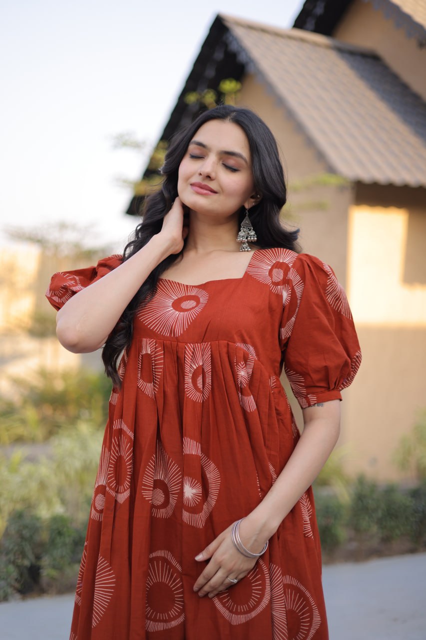 RangBhoomi Premium Designer Ready-to-Wear Kurti Collection 2026 - Elegant Printed Cotton with Puff Sleeves and Fancy Square Neck