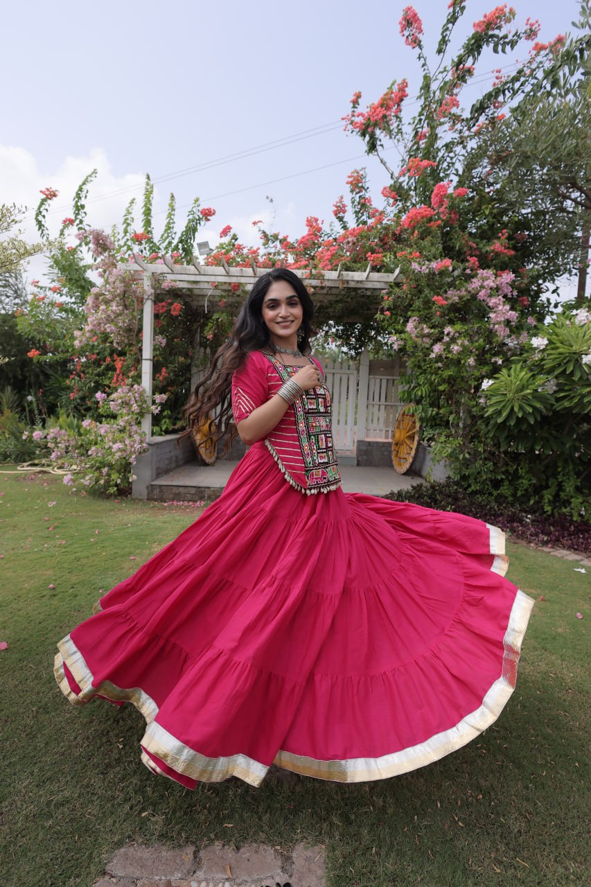 RangBhoomi Navratri 2026 Kora Cotton Full-Stitched Lehenga & Blouse Set — L (40", Adjustable 38–44)