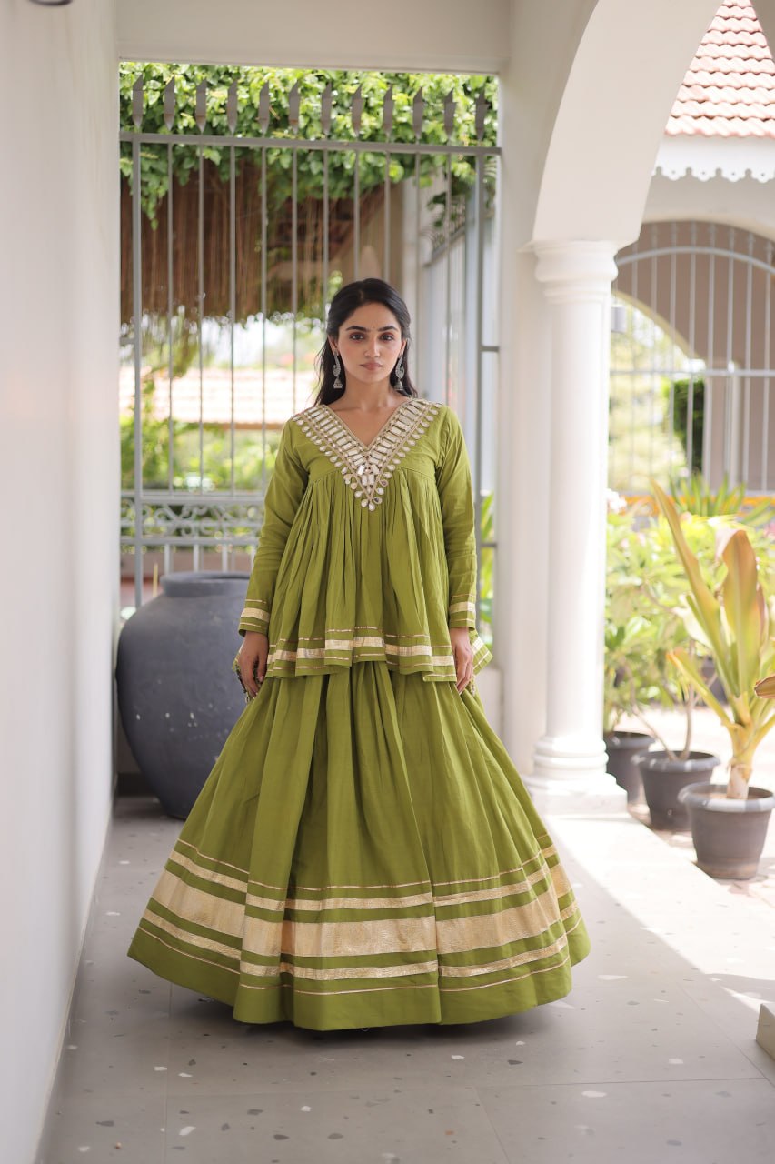 RangBhoomi Navratri Kora Cotton Full-Stitched Lehenga & Blouse Set with Mirror and Gota Work