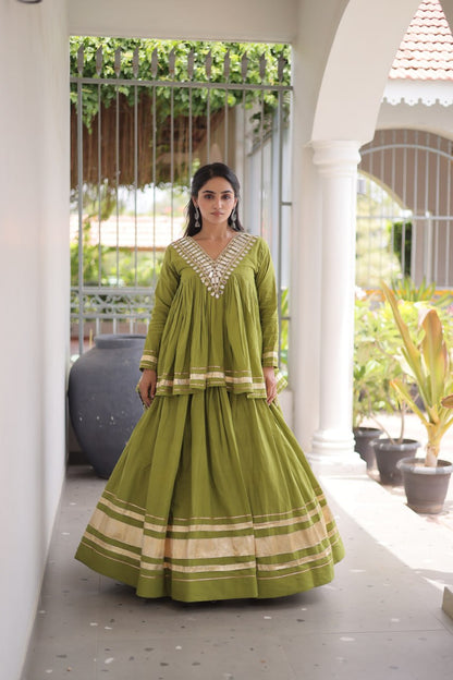RangBhoomi Navratri Kora Cotton Full-Stitched Lehenga & Blouse Set with Mirror and Gota Work