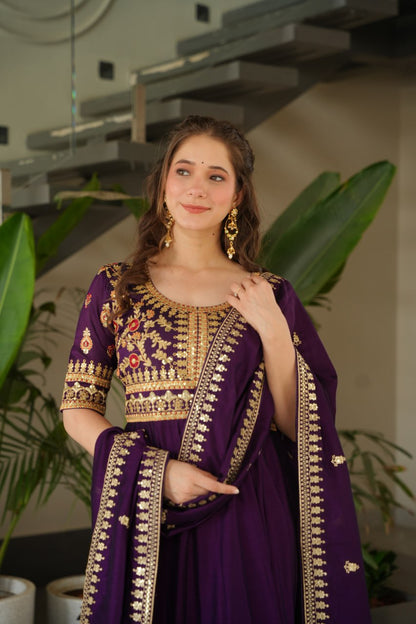 Exquisite Vichitra Silk Embroidered Gown