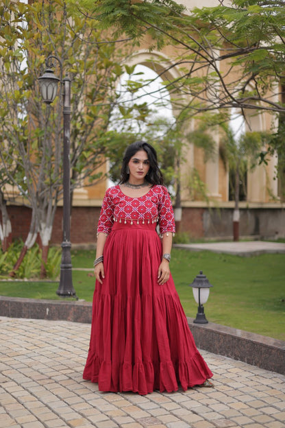 RangBhoomi Navratri Embroidered Kora Cotton Gown — 54" Length, Half Sleeve (Maroon / Black)