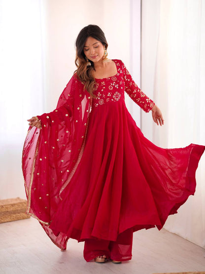 RangBhoomi Women's Elegant Ethnic Wear Set with Silk Gown, Pants, and Embroidered Dupatta