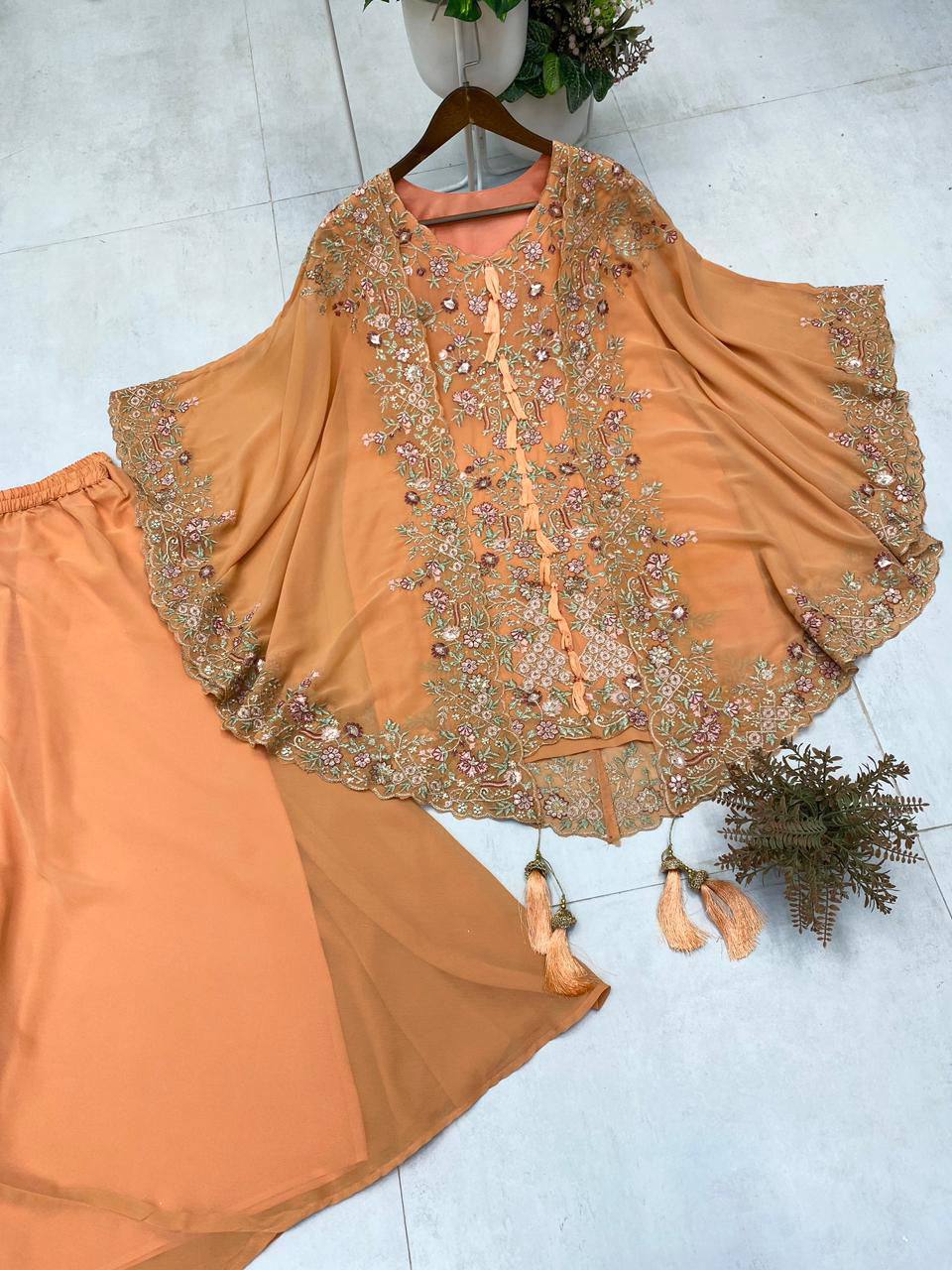 Elegant Designer Kurta and Palazzo Set with Sequined Embroidered Shrug in Luxurious Faux Georgette Fabric