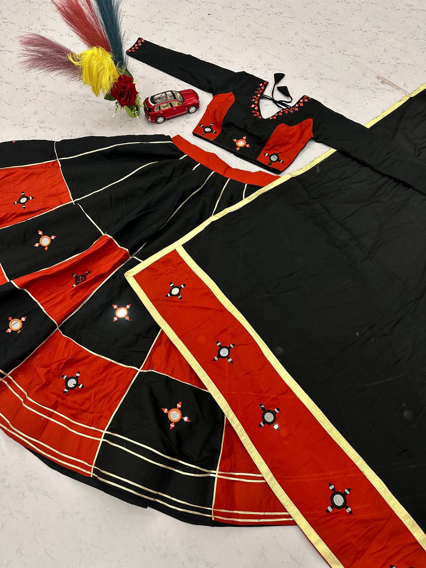 RangBhoomi Navratri Special Pure Cotton Lehenga Choli with Heavy Mirror & Gotapatti Work (Full-Stitched, 6m Flair)