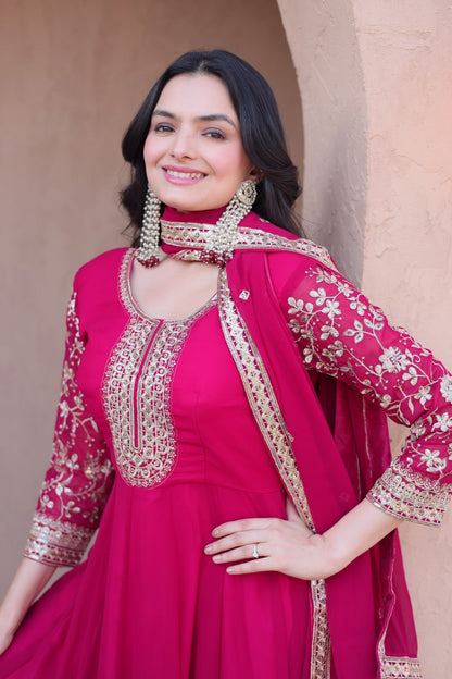 RangBhoomi Premium Readymade Gown Set with Pant & Dupatta - Faux Blooming Embroidered
