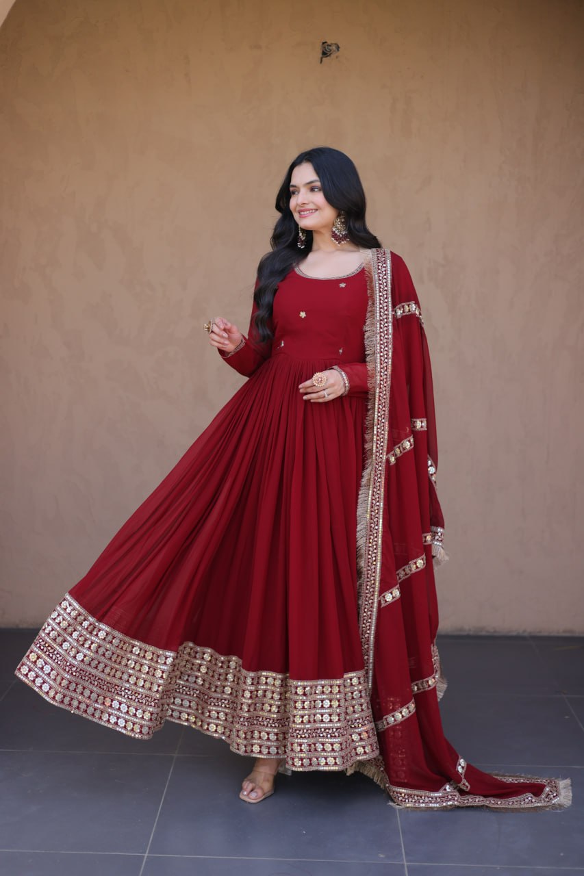 RangBhoomi Festive Faux Blooming Gown with Embroidered Dupatta - Rama & Maroon