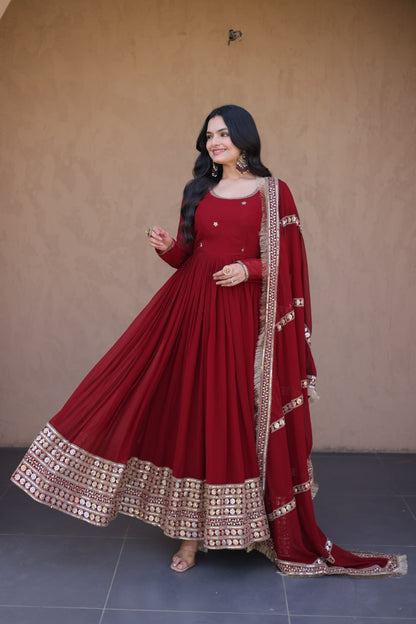RangBhoomi Festive Faux Blooming Gown with Embroidered Dupatta - Rama & Maroon