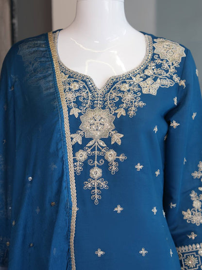 Luxury Fusion Style Designer Ensemble – Elegant Roman Silk Set with Embroidery, Sequins & Nazmeen Dupatta