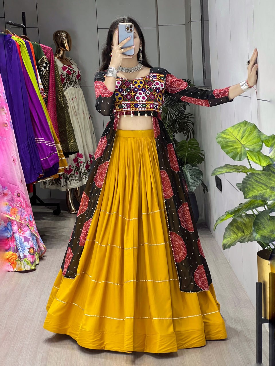 Colorful Bandhani Print Kurtis with Mustard Rayon Cotton Lehenga Sets