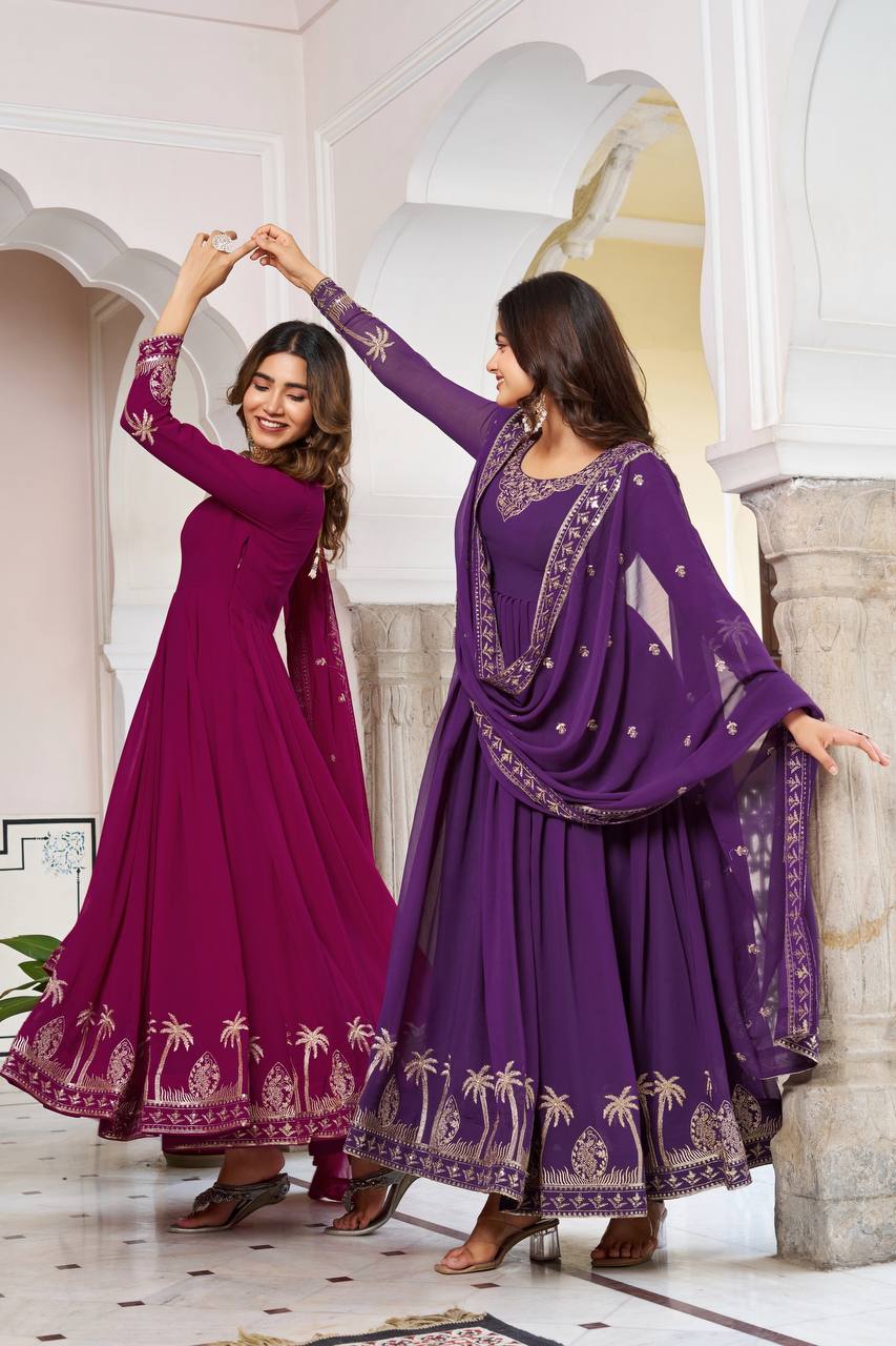 RangBhoomi Elegant SP Series Gown Set with Realistic Modeling - Faux Georgette & Microfiber Fabric, Thread and Sequence Embroidery