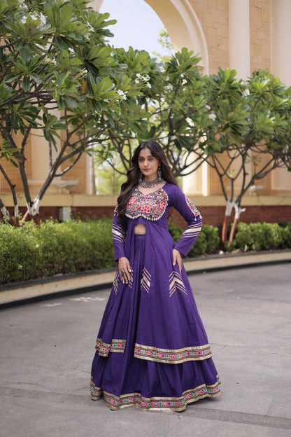 RangBhoomi Feather-Light Jacket Lehenga Set – Lotus Handwork, Long Jacket Ready-to-Wear