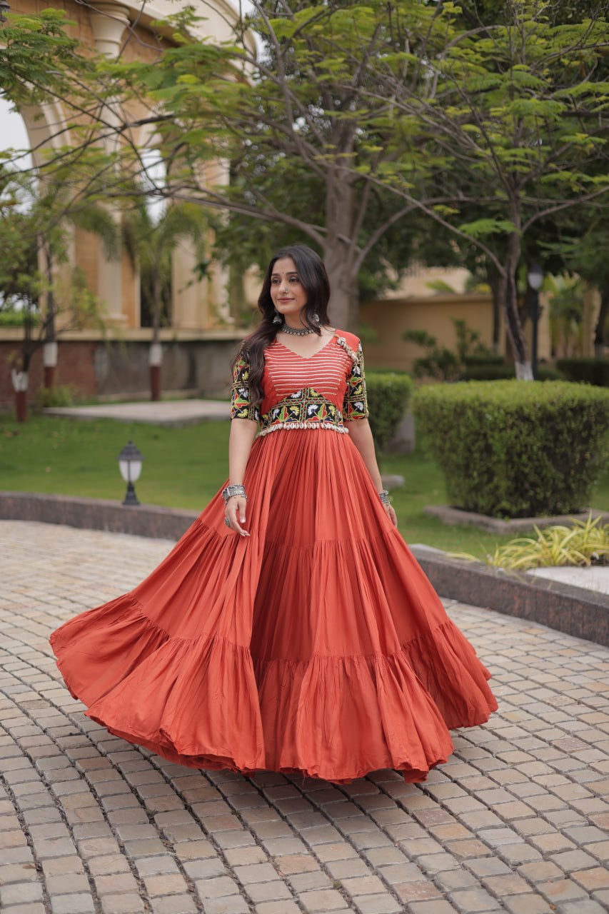 RangBhoomi Navratri Gown 2026 — Rust & Black Embroidered Multi-Tiered Festive Gown