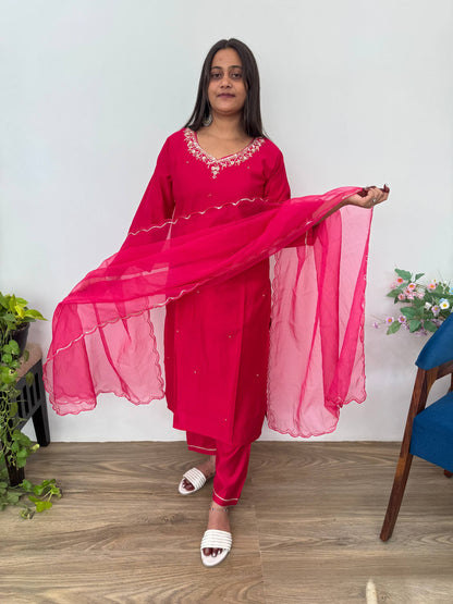 Introducing RangBhoomi Designer Three-Piece Set: Premium Cotton Kurti, Pant, and Organza Silk Dupatta