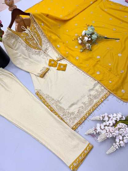RangBhoomi Ronald Silk Sequin Embroidered Women's Ethnic Suit - Fully Stitched with Lace-Edged Dupatta