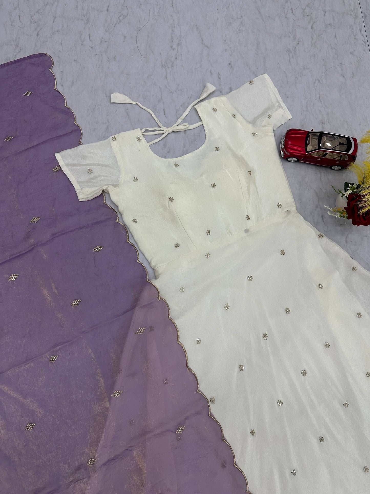 Embroidered Chonon Silk Gown with Sequins and Fendi Silk Dupatta, Fully Stitched, Sizes M to 2XL
