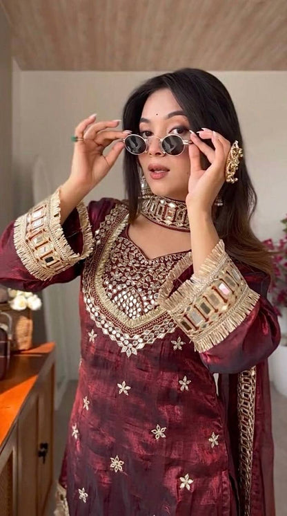 RangBhoomi Women's Fully Stitched Ethnic Wear Set with Fendy Silk and Real Mirror Work