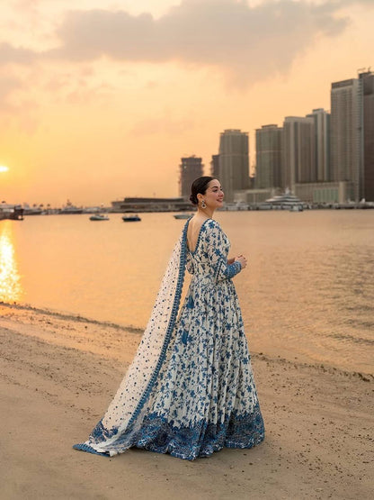 Elegant Party Wear Heavy Faux Georgette Gown with Organza Dupatta and Micro Cotton Bottom Set